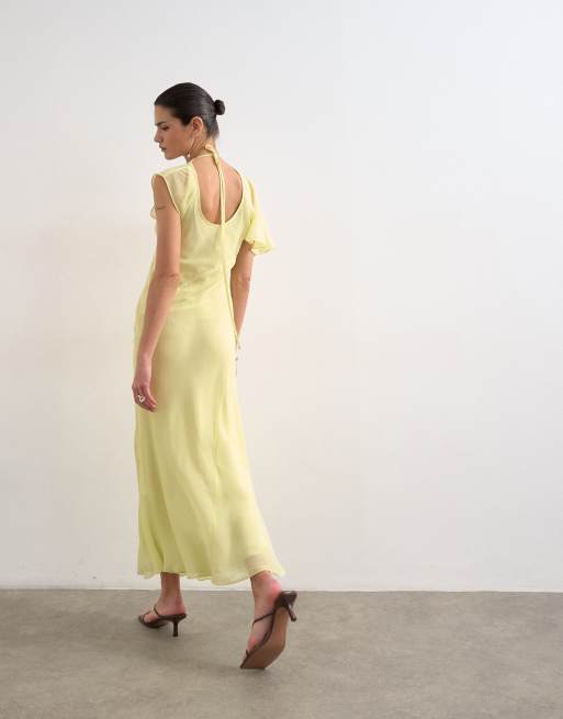 Topshop - Citrongul asymmetrisk maxikjole med flagrende ærmer og sømdetaljer, 3 af 4
