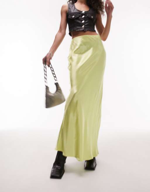 Topshop – Citrongul, diagonalskuren maxikjol av satin