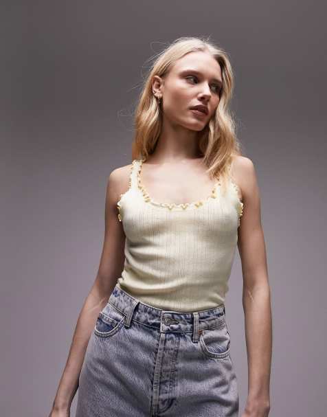 Topshop – Citrongult, pointellestickat linne med rullfåll - view 1