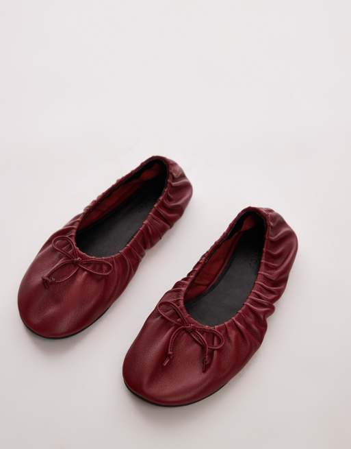 Topshop Claire leather ruched ballet flats in red