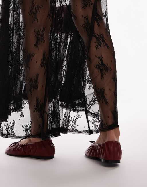 Topshop Claire leather ruched ballet flats in red