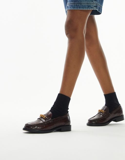 Topshop Clara leather flat loafers with chain in brown