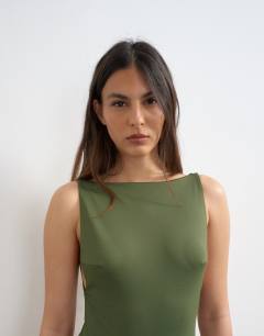 Model wearing Clarice scoop back swimsuit in khaki