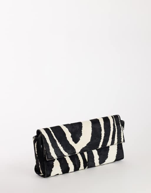 Topshop Clark medium hair on real leather fold over clutch bag in zebra, 2 of 4