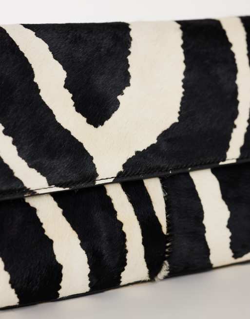 Topshop Clark medium hair on real leather fold over clutch bag in zebra, 3 of 4