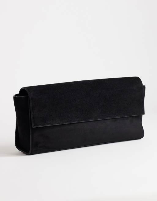 Topshop Clark medium suedette fold over clutch bag in black, 2 of 4
