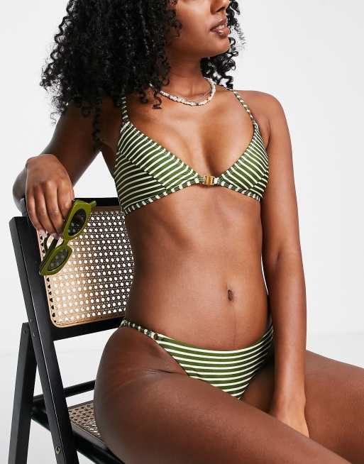 Topshop clasp front stripe triangle bikini top in khaki ASOS