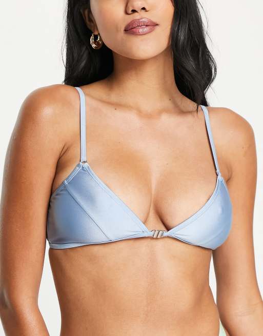 Topshop clasp front triangle bikini top in blue