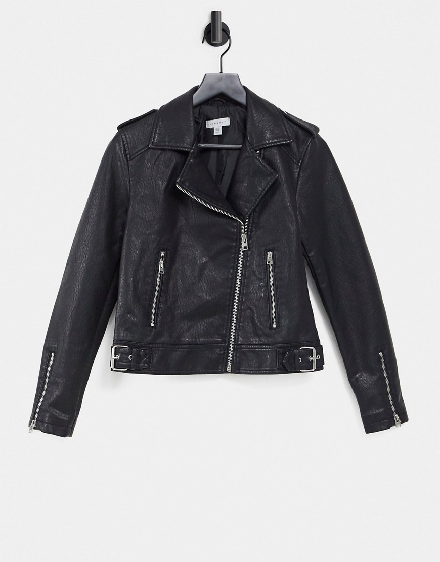 Topshop classic faux leather biker jacket in black
