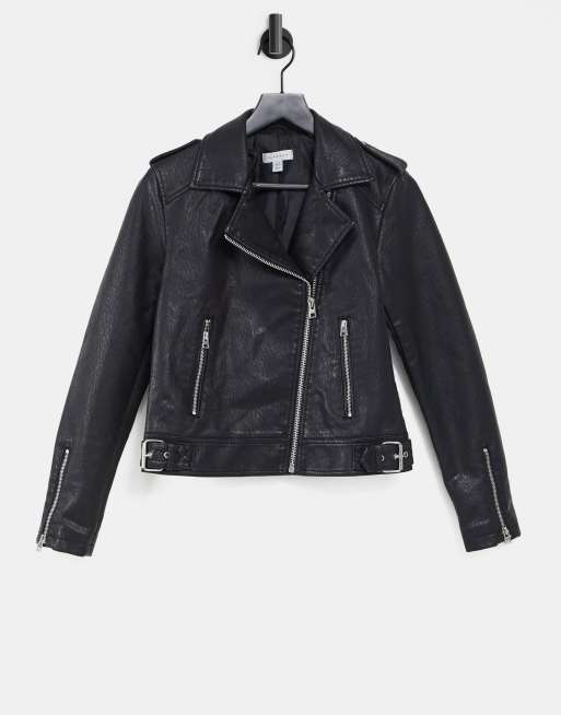 Topshop faux leather biker jacket in black, ASOS