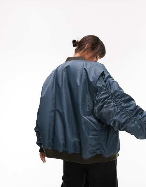 Topshop classic oversize nylon bomber jacket in blue