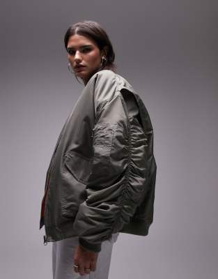 Topshop classic oversized nylon bomber jacket in khaki-Green