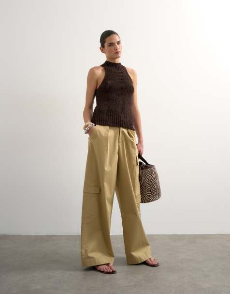 Topshop clean A-line wide leg cargo pants with tie waist in beige - view 1