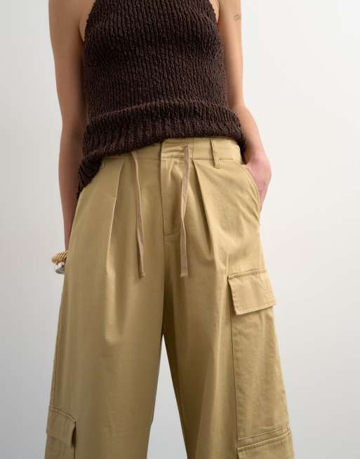 Topshop clean A line wide leg cargo with tie waist in beige, 3 of 5