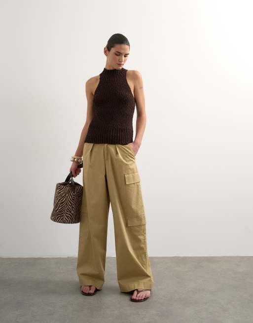 Topshop clean A line wide leg cargo with tie waist in beige, 5 of 5
