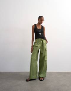 Clean A line wide leg cargo with tie waist in khaki