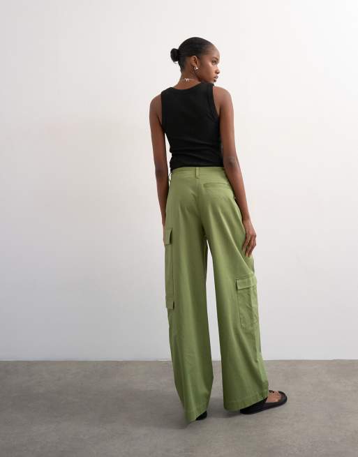 Topshop clean A line wide leg cargo with tie waist in khaki, 5 of 5