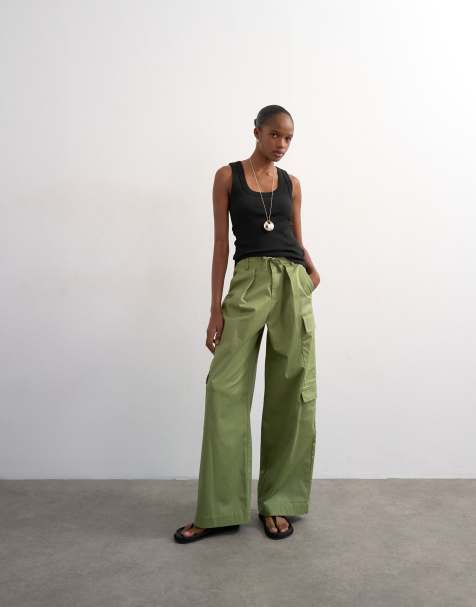 Topshop clean A line wide leg cargos with tie waist in khaki - view 1