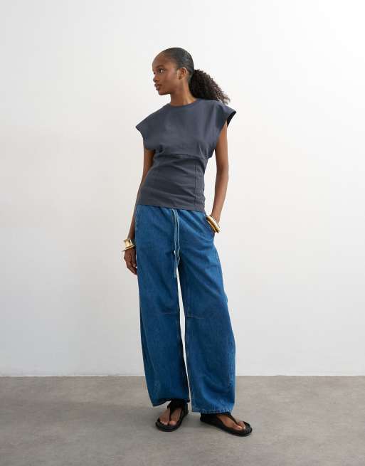 Topshop clean corset seamed cap sleeve top in charcoal, 2 of 4