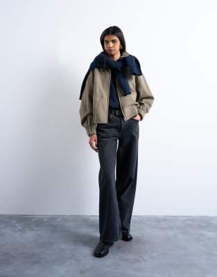Topshop Clean Cropped Quilted Lined Bomber Jacket With Wool In Neutral