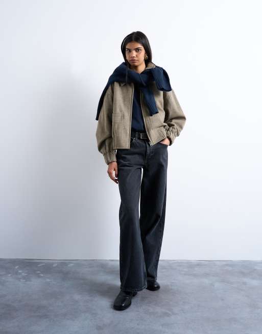 Topshop clean cropped quilted lined bomber jacket with wool in taupe, 2 of 4