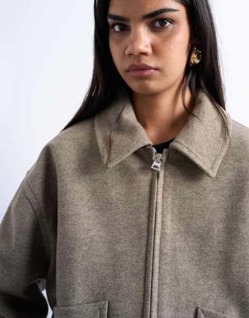 Topshop clean cropped quilted lined bomber jacket with wool in taupe, 3 of 4