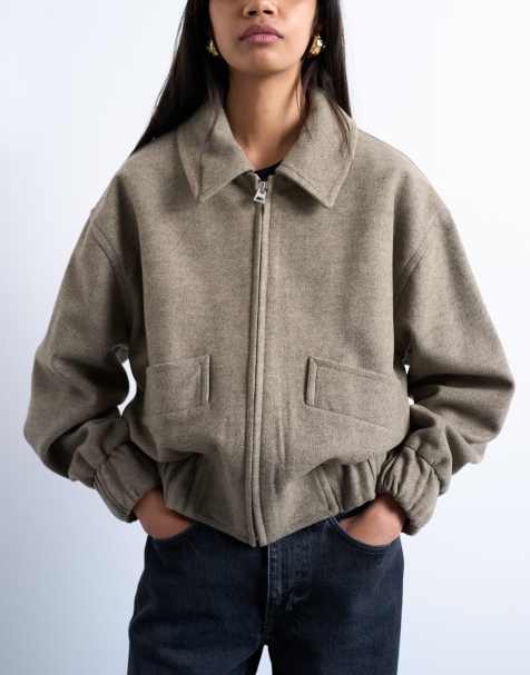Topshop clean cropped quilted lined bomber with wool in taupe - view 1