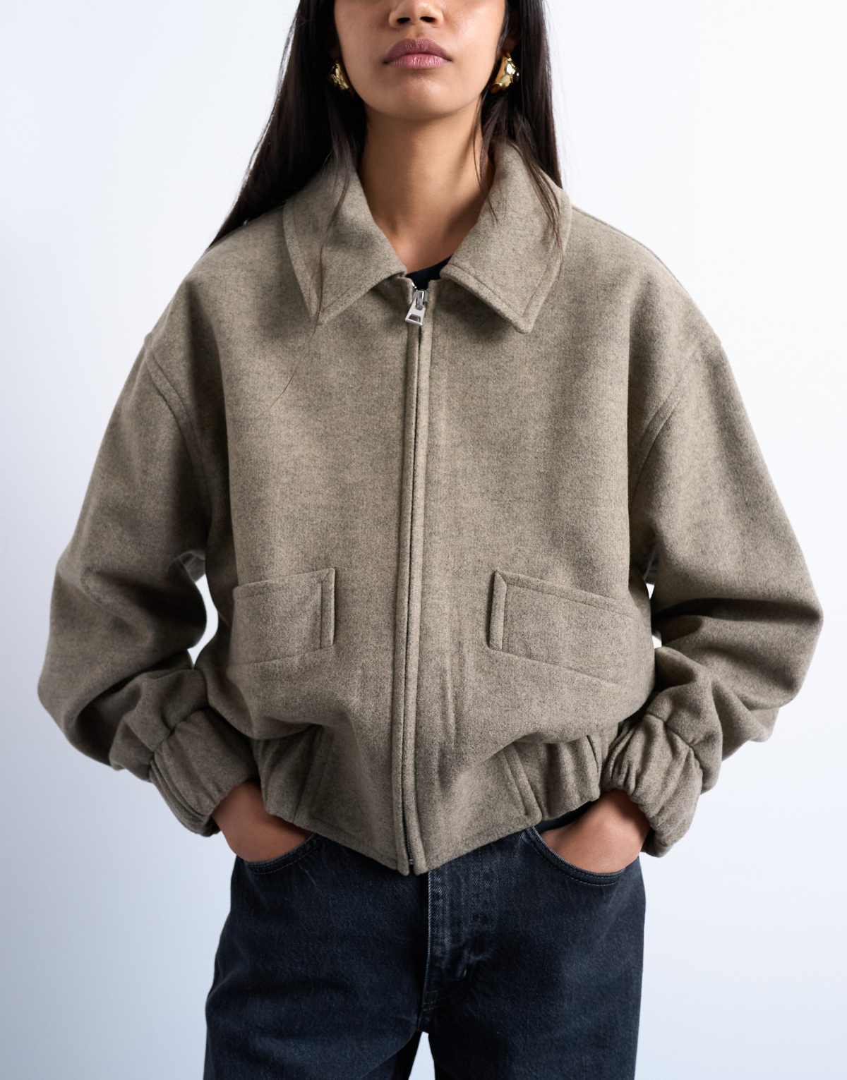 Topshop clean cropped quilted lined bomber with wool in taupe