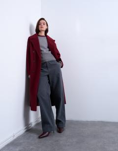 Clean double breasted longline coat in burgundy