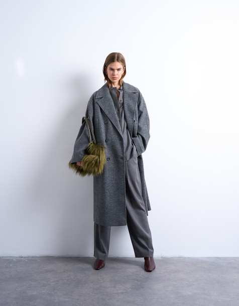 Topshop clean double breasted longline coat in charcoal - view 1