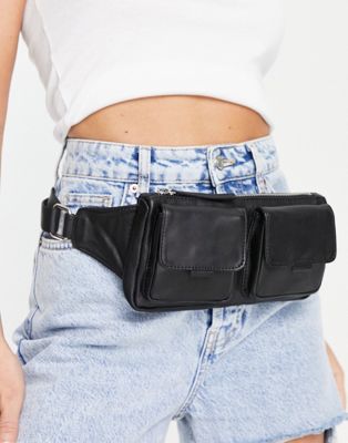 Topshop clean double pocket leather bumbag in black