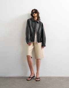 Clean faux leather bomber jacket in black