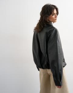 Model wearing Clean faux leather bomber jacket in black
