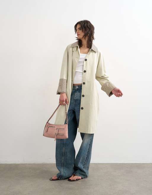 Topshop clean front trench with contrast check in neutral, 2 of 4