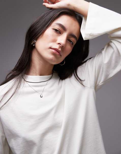 Topshop clean long sleeve jersey top in off-white - view 1