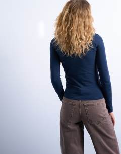 Model wearing Clean long sleeve top in navy