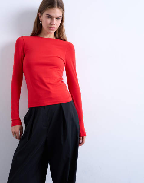 Topshop clean long sleeve top in red