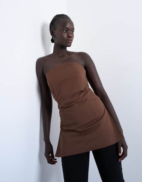 Topshop clean longline tunic bandeau top in chocolate brown - view 1