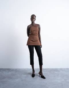 Model wearing Clean longline tunic bandeau top in chocolate brown