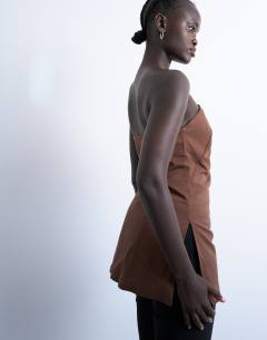 Model wearing Clean longline tunic bandeau top in chocolate brown