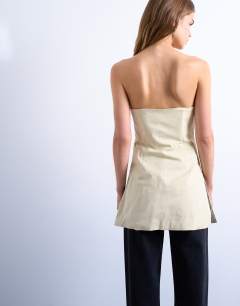 Model wearing Clean longline tunic bandeau top in taupe