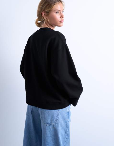 Topshop clean oversized deep cuff sweat in black - view 2