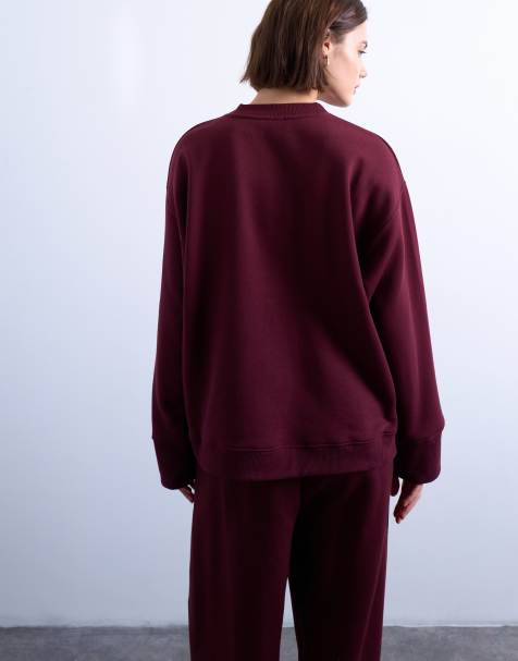 Topshop clean oversized deep cuff sweat in burgundy - view 2
