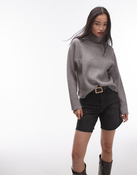 Topshop clean rib knit turtle neck sweater in gray - view 1