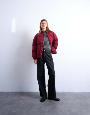 Topshop Clean Ribbed Collar Puffer Jacket In Red