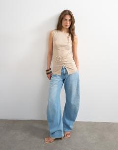 Model wearing Clean ruched tank in oat