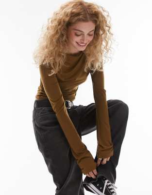 Topshop Clean Slash Neck Long Sleeve Top In Green