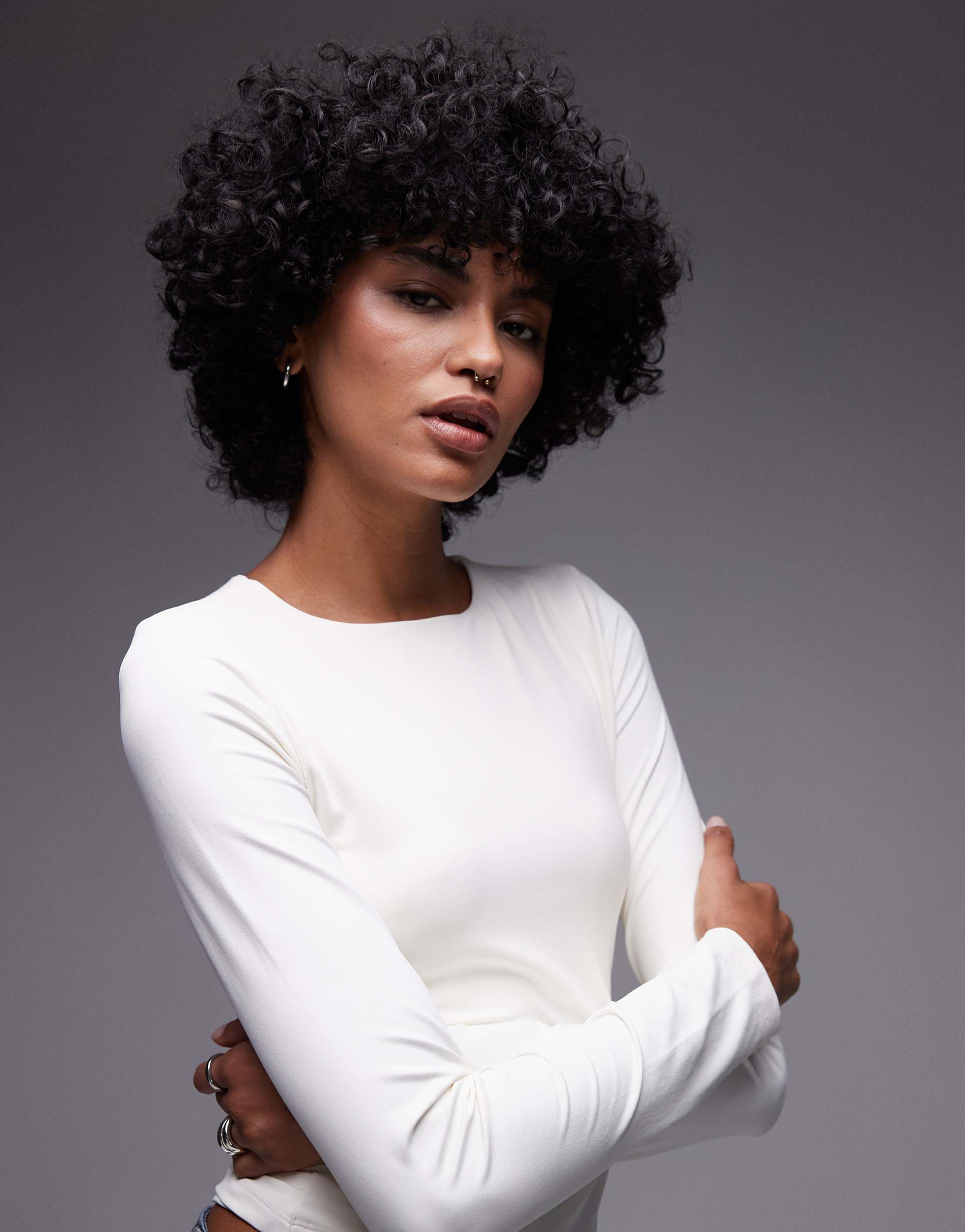 topshop clean slinky long sleeve top in ecru