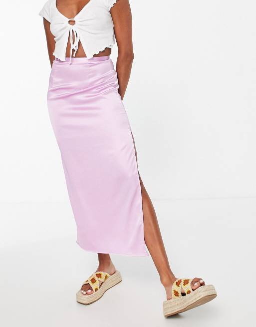 Topshop clean waist side split satin midi skirt in lilac | ASOS