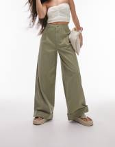 Topshop Tall high waist belted wide leg pants with turn-back hem in ecru